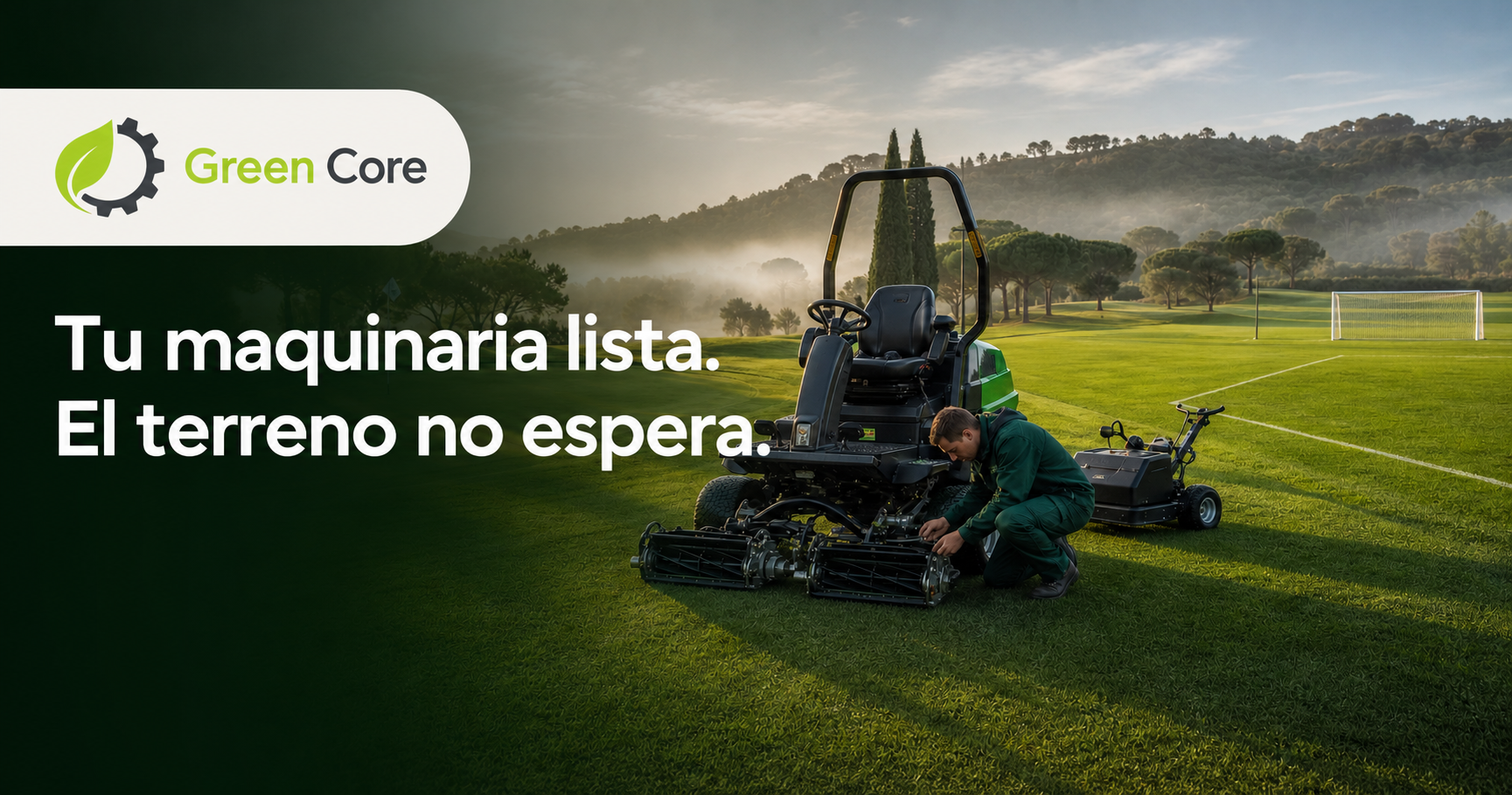 Green Core: técnico revisando una segadora profesional en un campo de césped natural