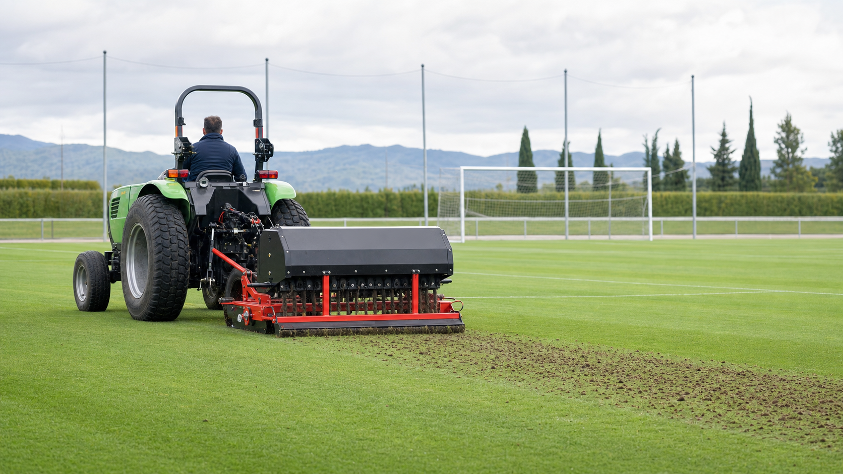 Tractor compacto con aireadora trabajando en un campo de fútbol